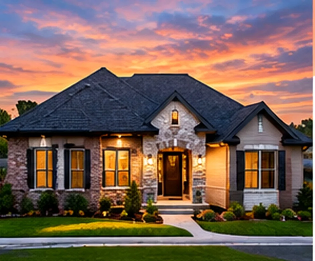 Colorado home at dusk with a dark asphalt shingle roof, stone facade and lit windows