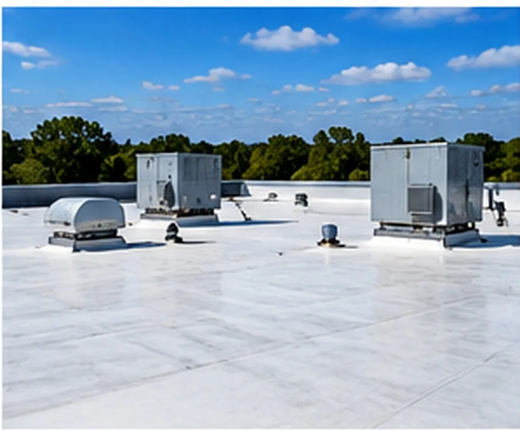 White commercial flat roof membrane with rooftop HVAC units and vents under a blue sky