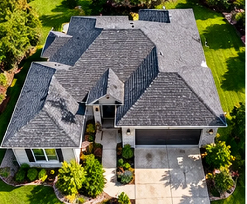 Aerial view of a residential roof showing patchy granule loss and weathering across several slopes