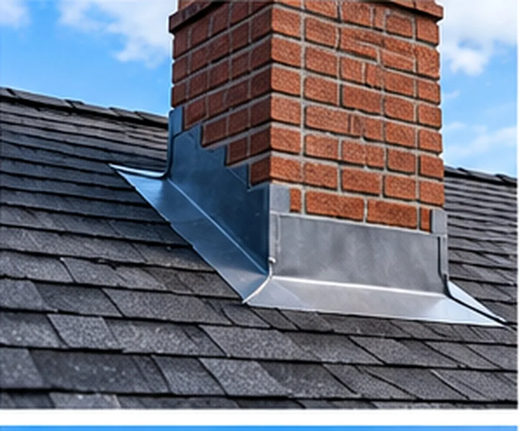 Metal step flashing where a brick chimney meets the shingle roof surface