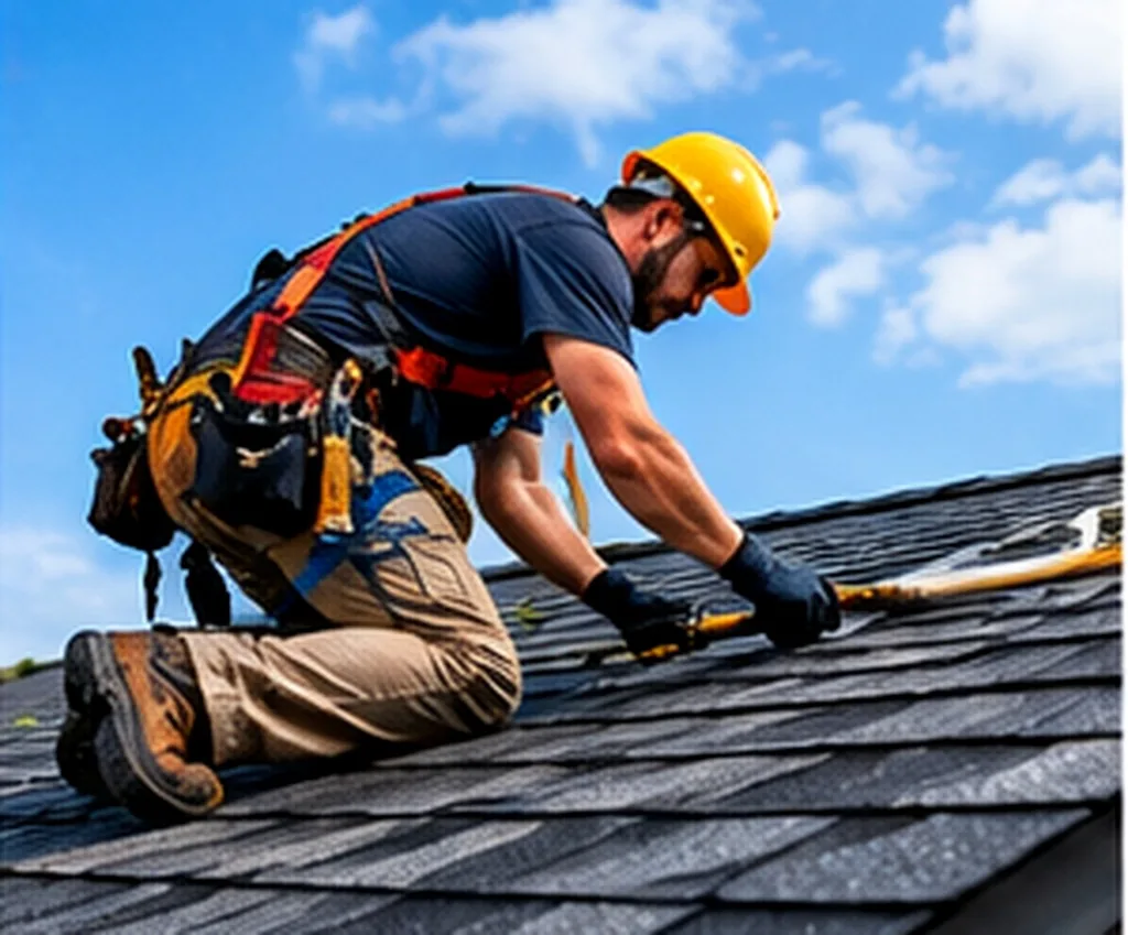 Roofing contractor nailing a course of asphalt shingles into place on a residential roof