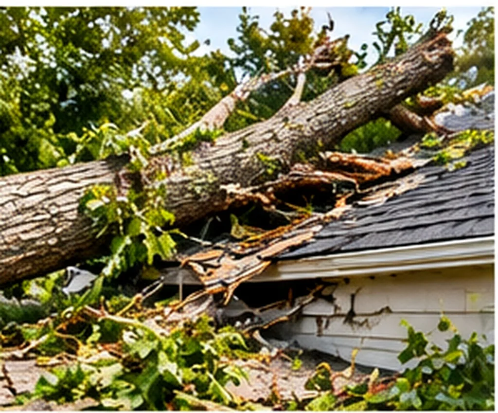 Storm damage to a residential roof where a fallen tree limb has broken through the shingles